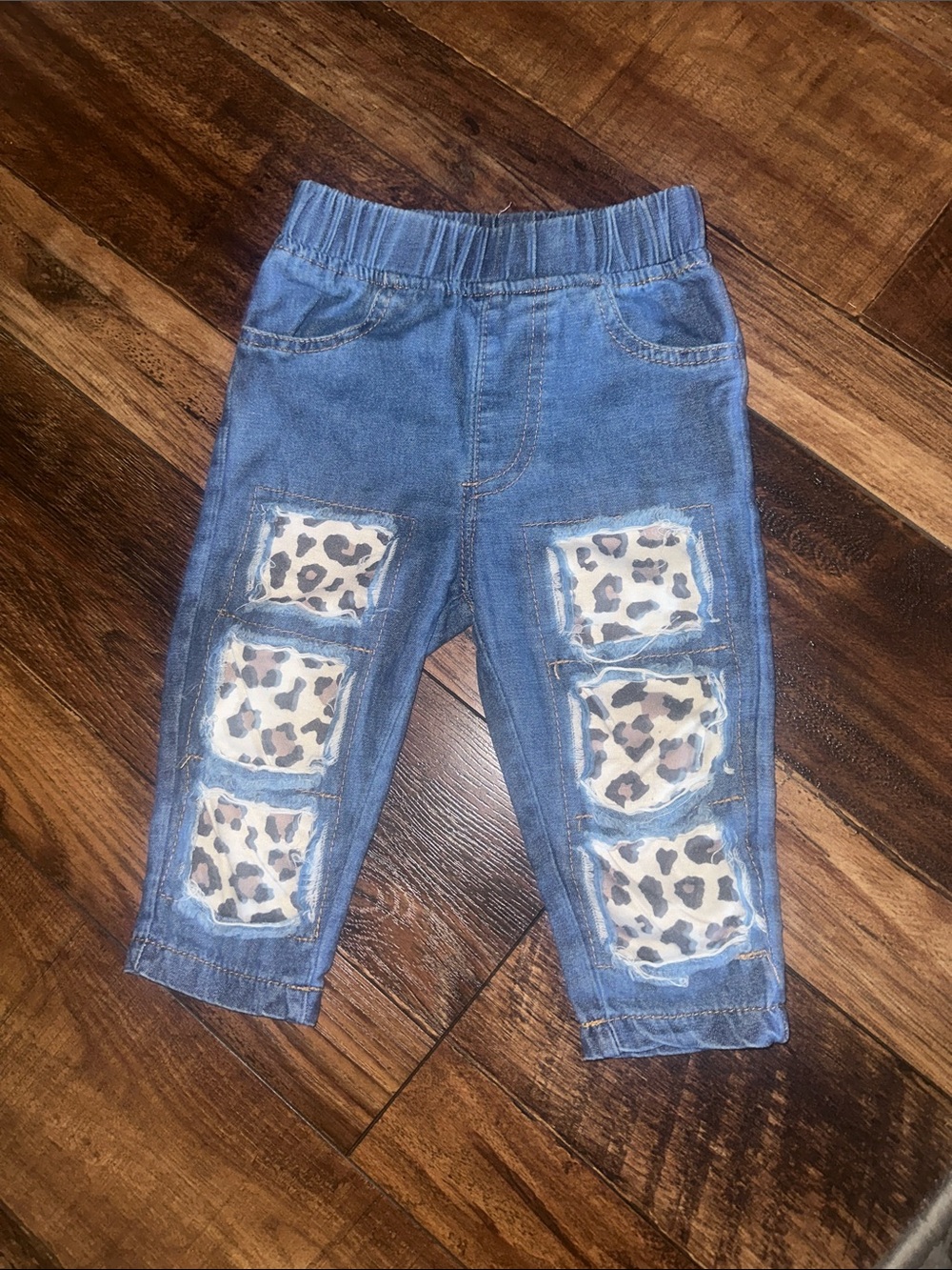 Girls Blue Denim Leopard Patch Jogger Pants